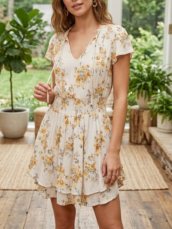Love Crazy Dresses & Skirts - Love Crazy Women's M Cream Floral Smocked-Waist Mini Dress V-Neck/Ties Front